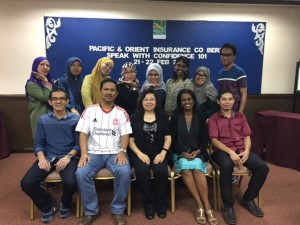 The happy students from Pacific & Orient Insurance Co, especially the ladies posing in this group photo with GTG trainers, Celine & Prema (seated in the front row)